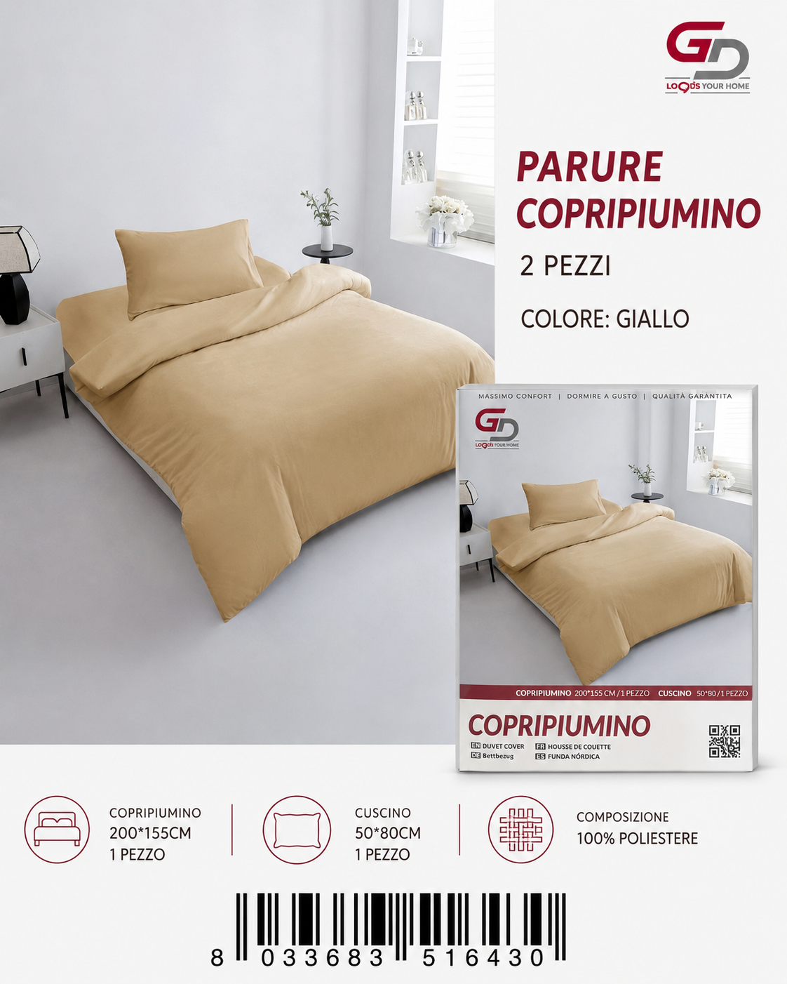 Parure Copripiumino Copripiumino+1 Federa Cuscino 200*155Cm 50*80+20Cm