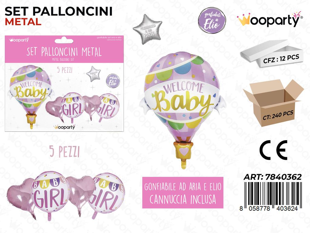 Set Palloncini Metal Welc. Baby Girl 5PCS