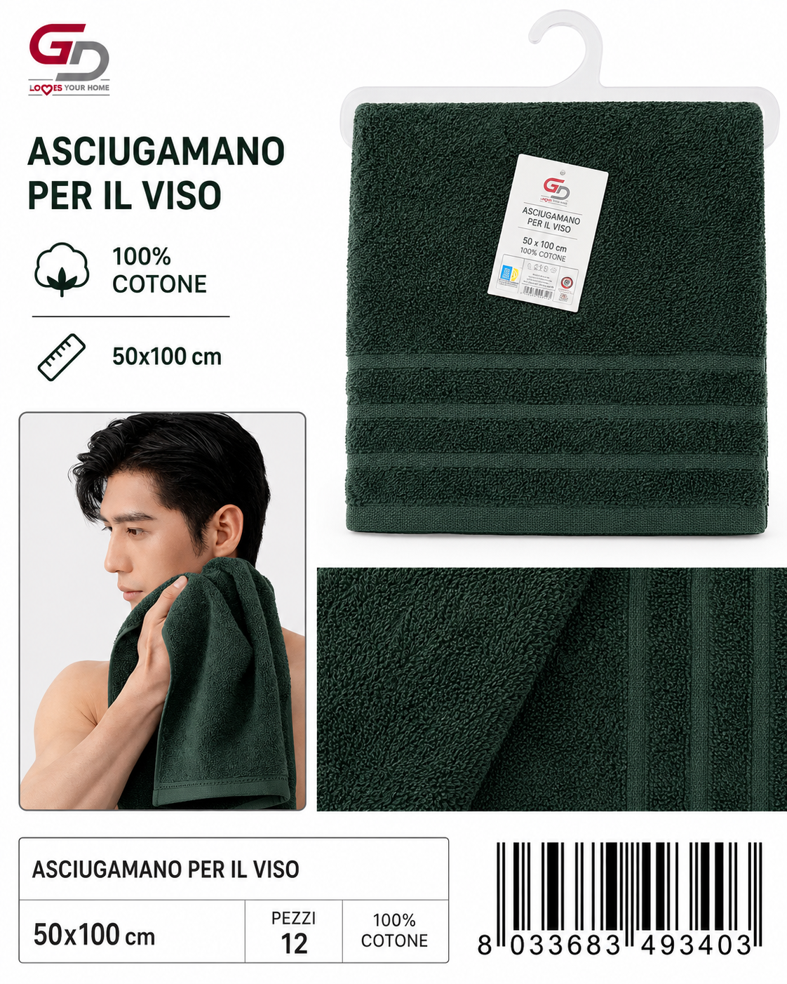 Face Towels Green 50X100 16/S Ring 380