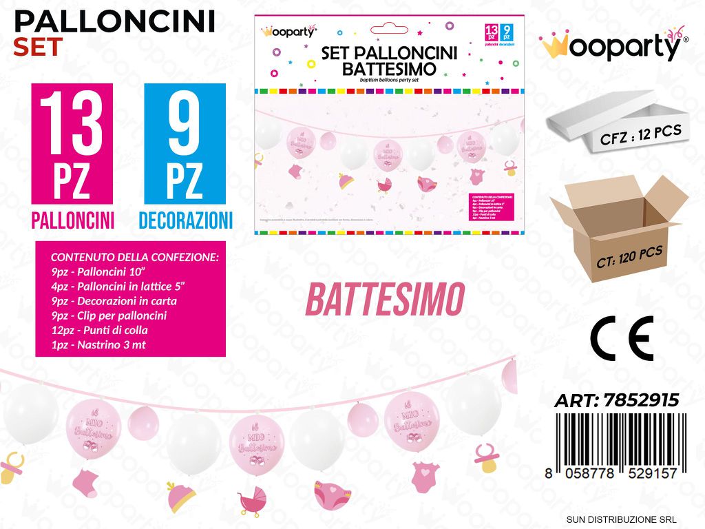 Set Palloncini c/ Dec. Battesimo Rosa 22PCS Ass. / Pz da 12