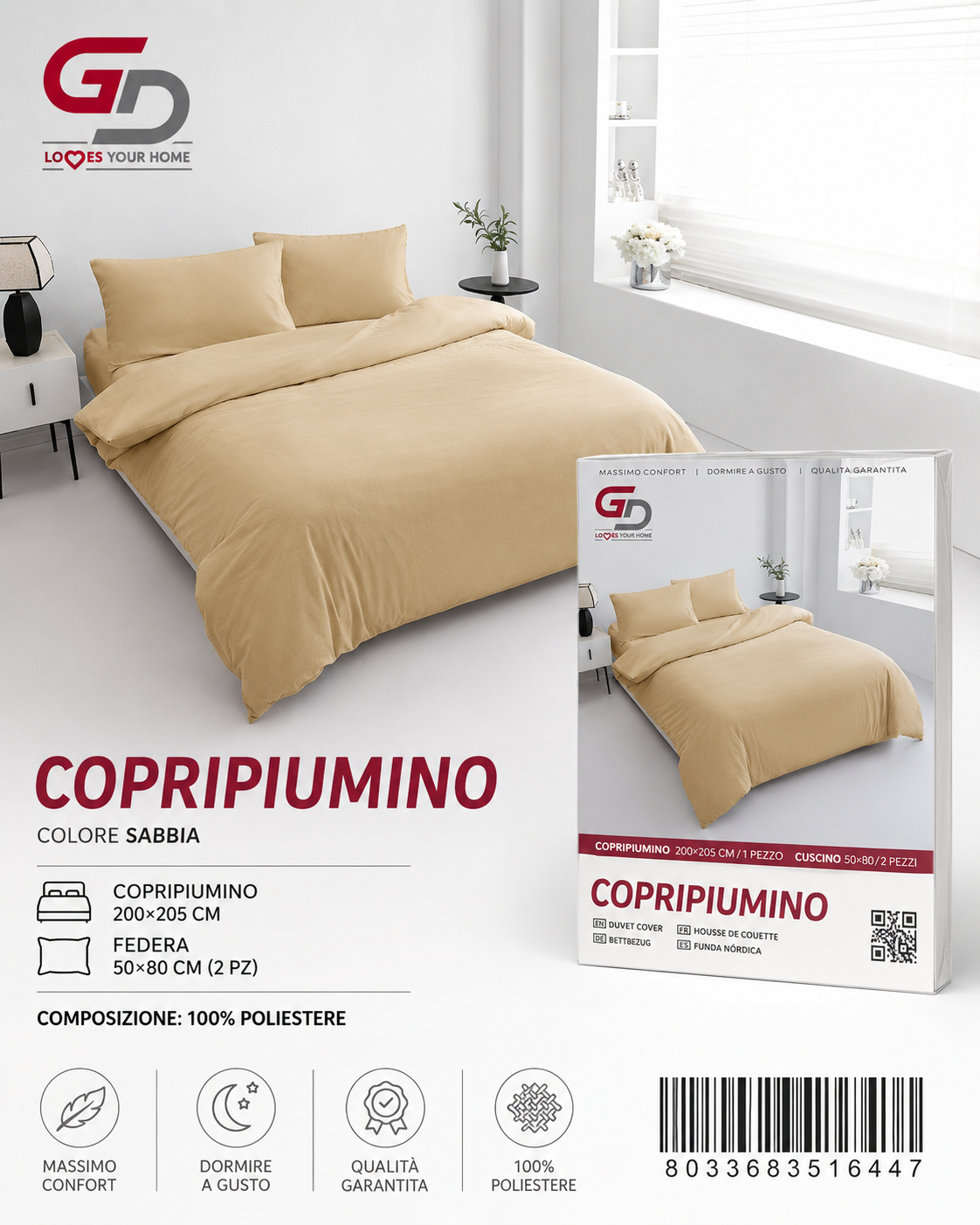 Parure Copripiumino Copripiumino+2 Federe Cuscino 200*205Cm 50*80+20Cm
