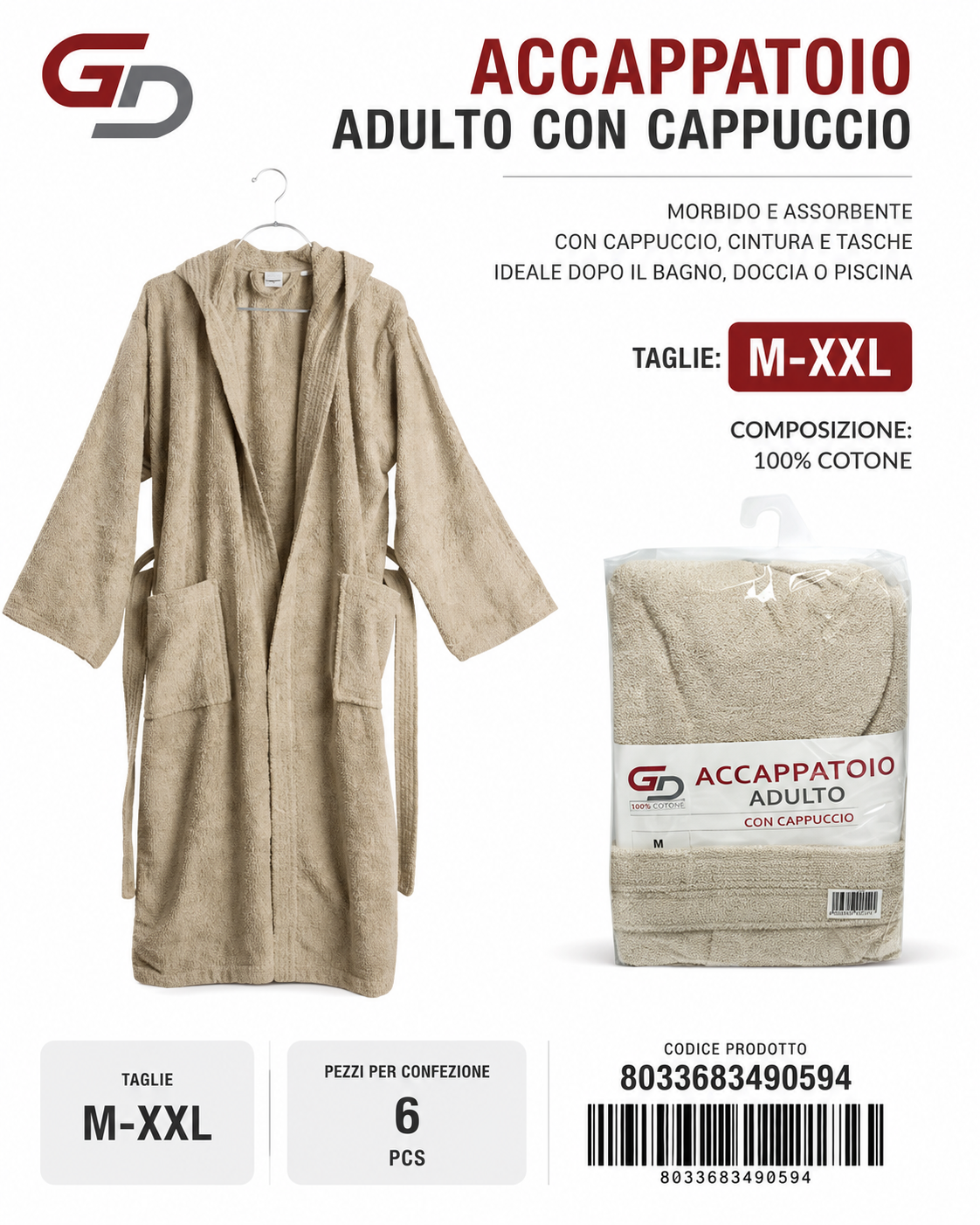 Accappatoi Da Bagno Beige 1M-2L-2Xl-1Xxl 100%Cotone