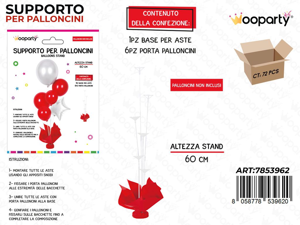 Wooparty Supporto Palloncini Rosso 60CM