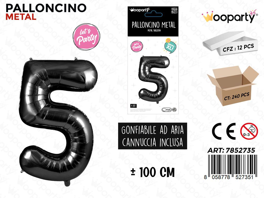 Wooparty Palloncino Metal Nero N.5 100CM