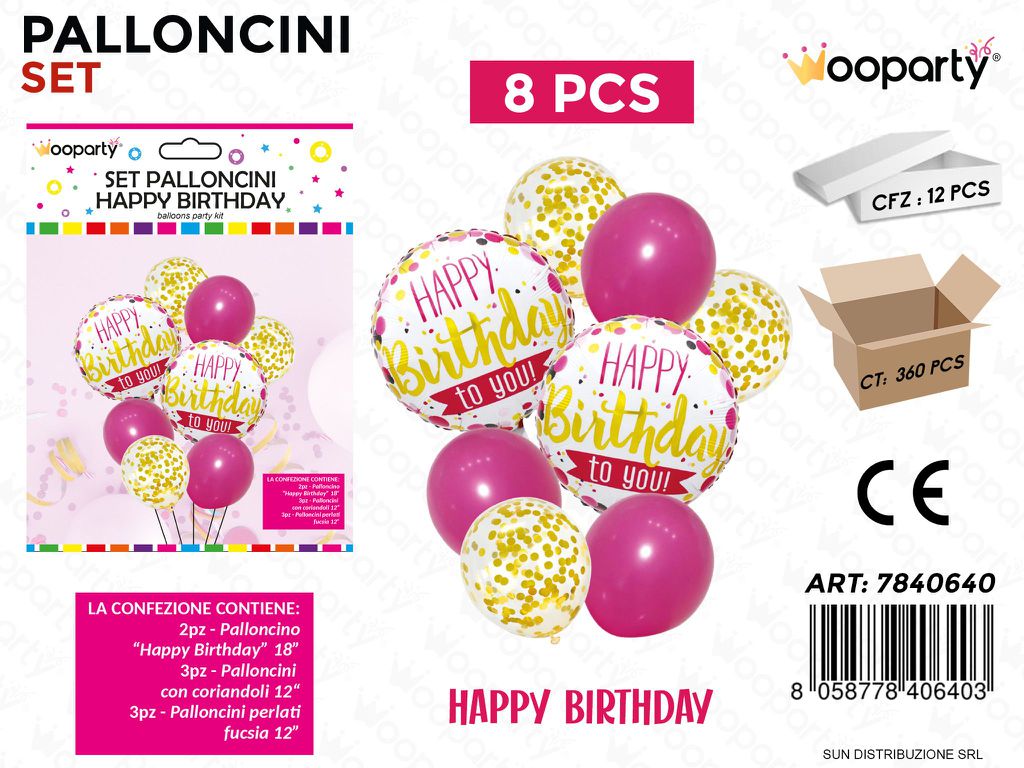 Set Palloncini H. Birthday Rosa 8PCS Ass.