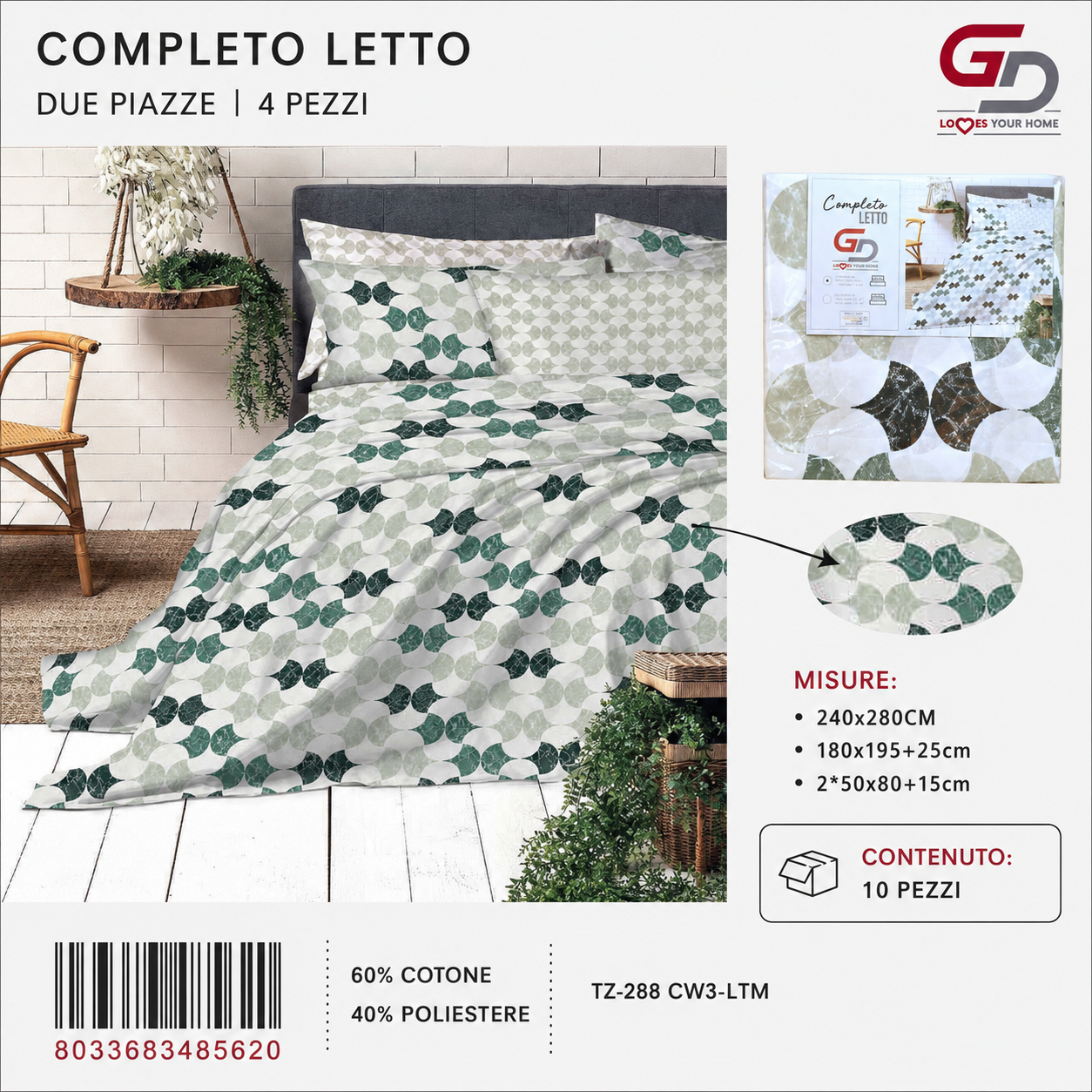 Completo Letto Matrimoniale 240X280/180X195+25/2X50X805 Tz-288 Cw3-Ltm Sheetset 60 Cotone 40 Poliestere