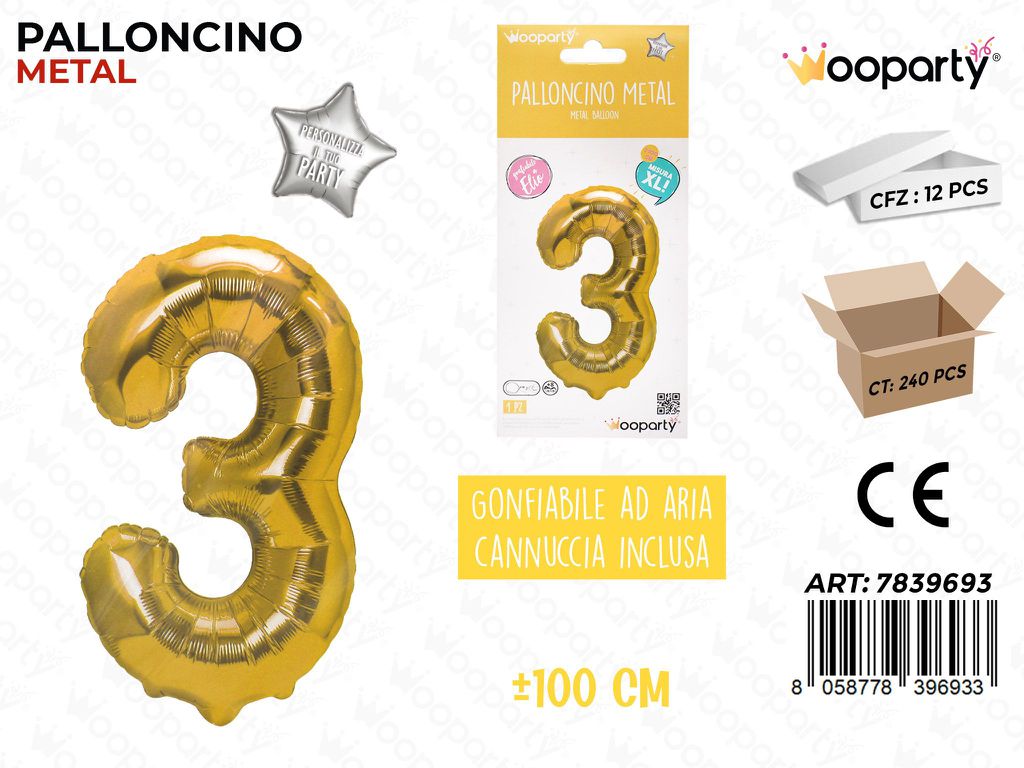 100CM Palloncino Mylar Oro Num. 3