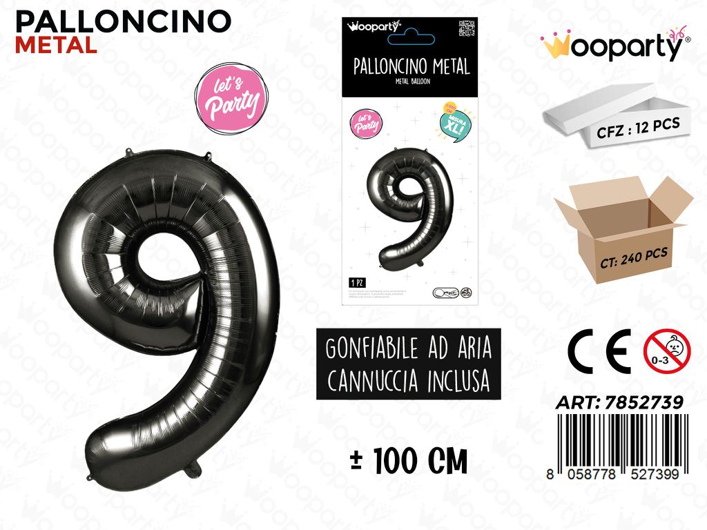 Wooparty Palloncino Metal Nero N.9 100CM
