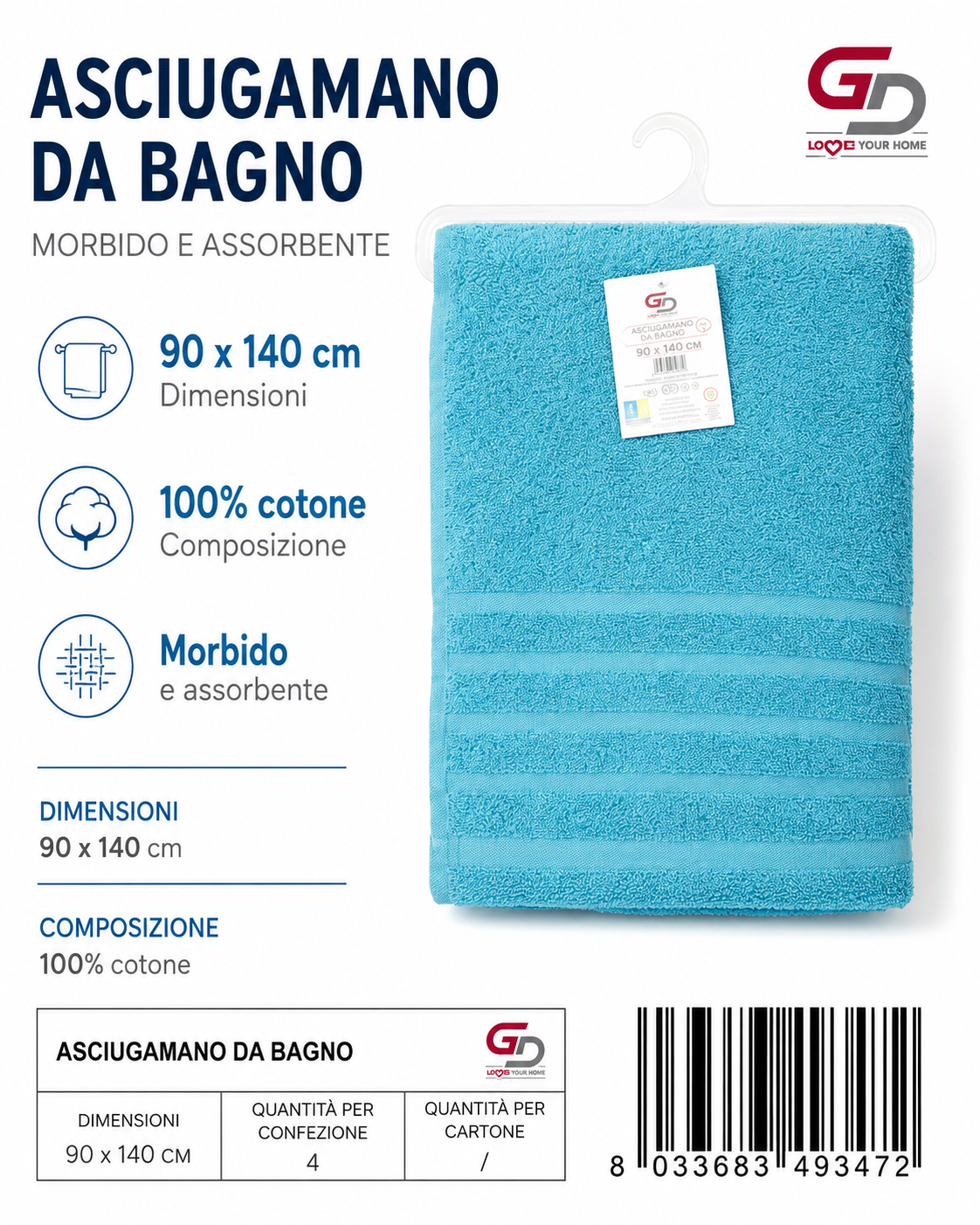 Bath Towels Turquoise 90X140 16/S Ring 380