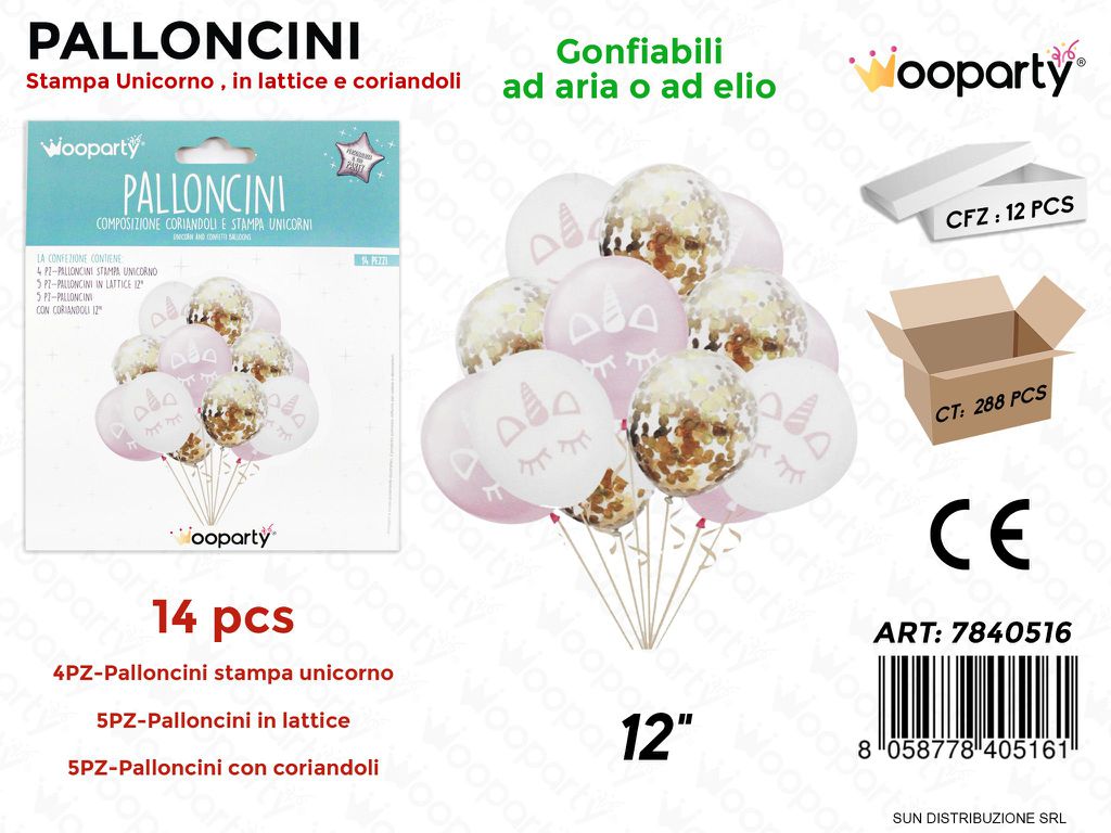 Palloncini Comp. c/ Coriand. e Unicorn 14PCS