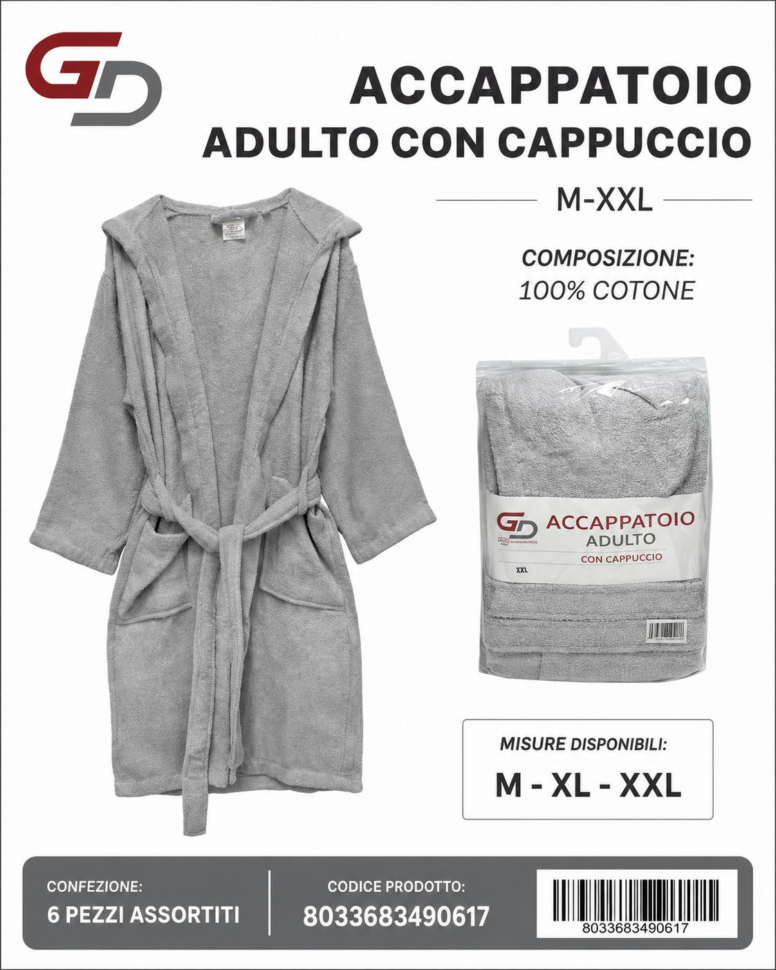 Accappatoi Da Bagno Grey 1M-2L-2Xl-1Xxl 100%Cotone