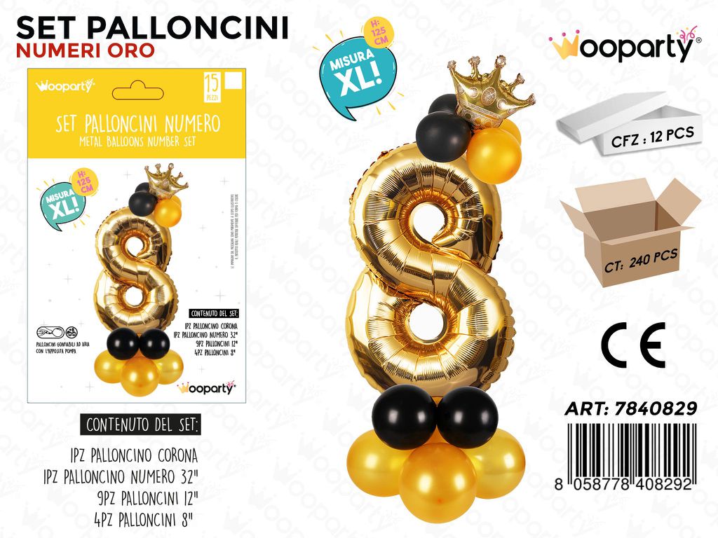 Set Palloncini N.8 ORO*NERO 15PCS 125CM