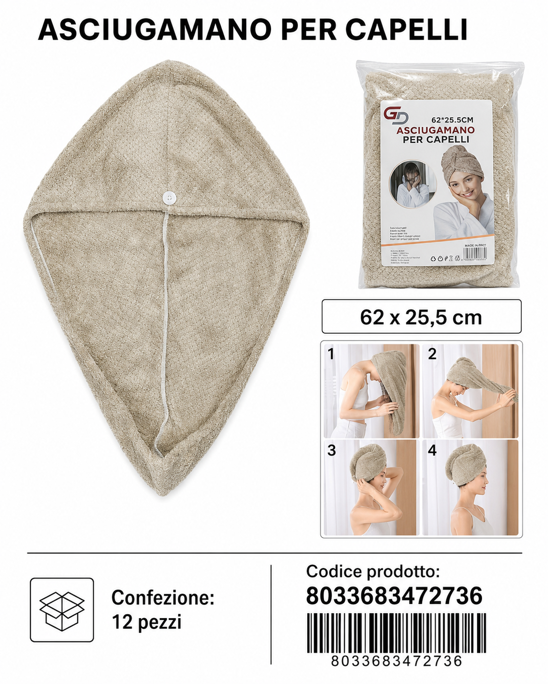 Asciugamano Per Capelli 62*25.5Cm