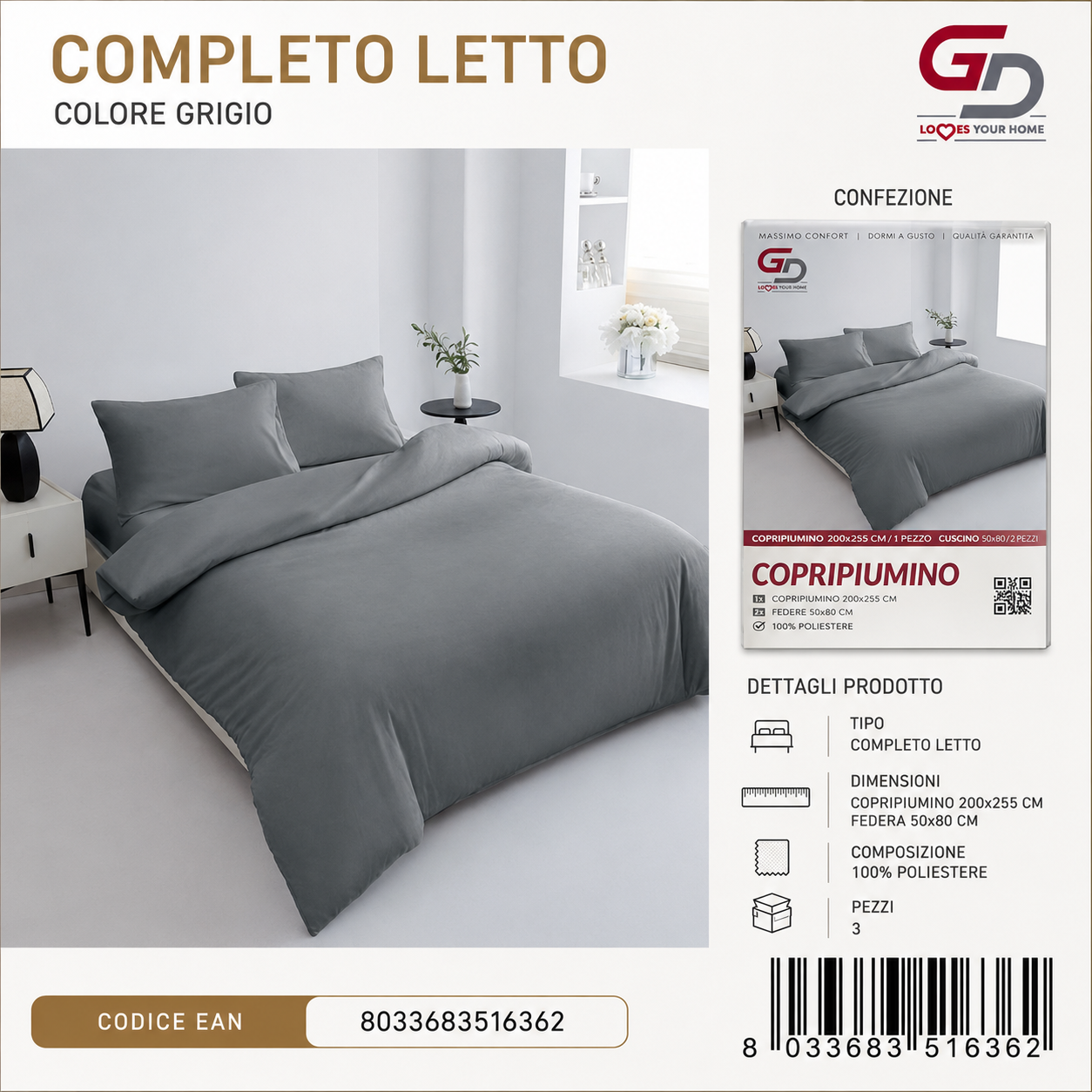 Parure Copripiumino Copripiumino+2 Federe Cuscino 200*255Cm 50*80+20Cm