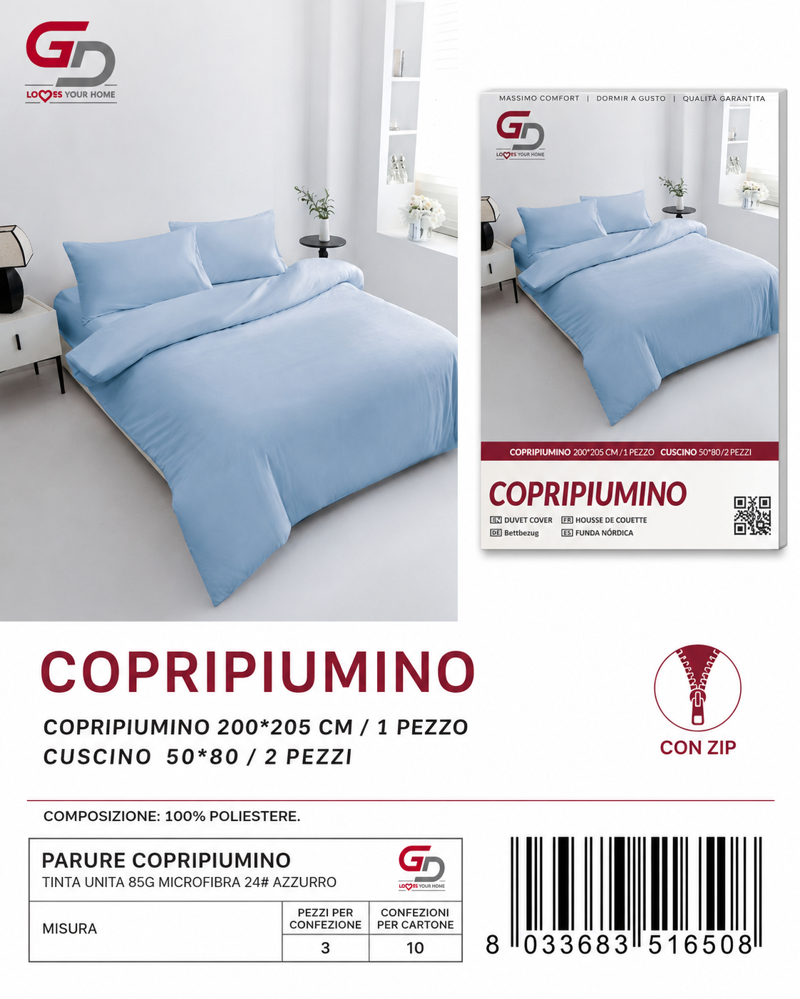 Parure Copripiumino Copripiumino+2 Federe Cuscino 200*205Cm 50*80+20Cm
