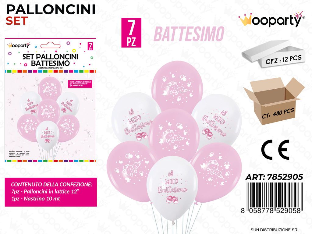 Set Palloncini Battesimo Rosa 7PCS Ass. / Pz da 12