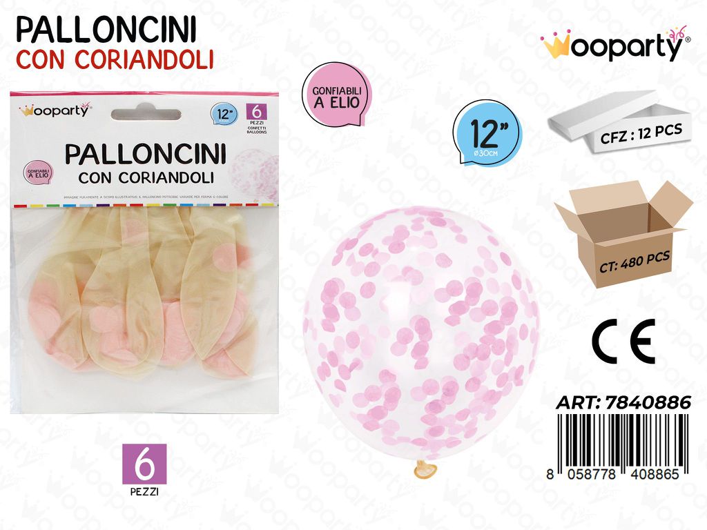 Wooparty Palloncini c/ Coriandoli Rosa 6PCS 30CM