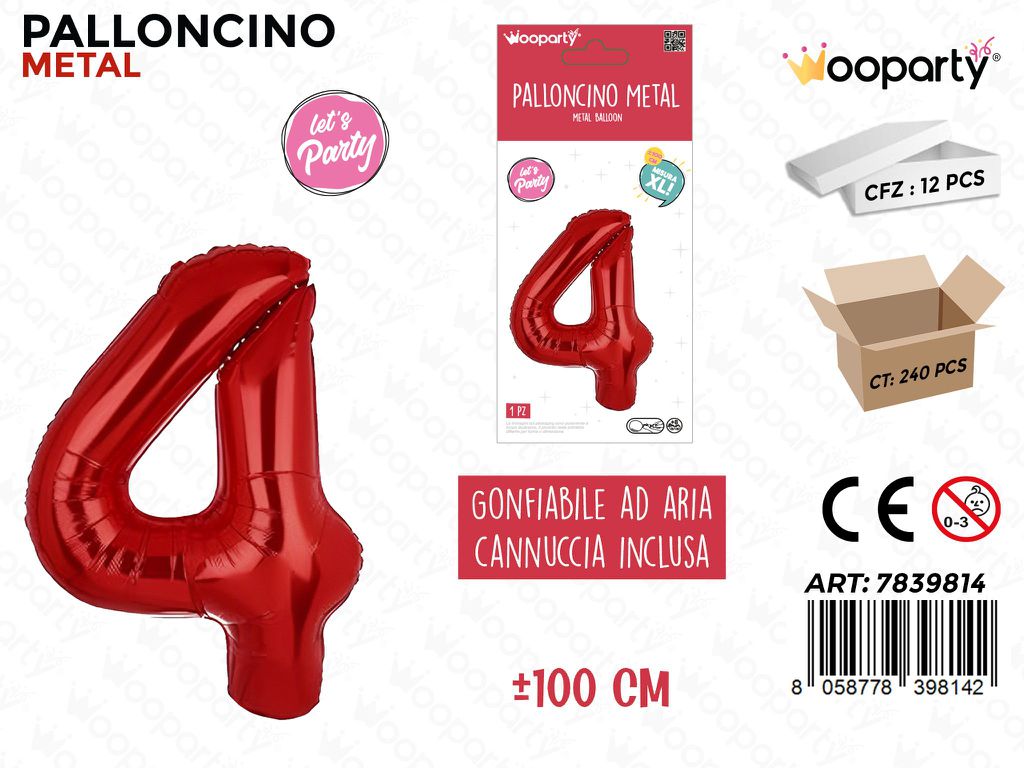 Palloncino Metal Rosso N. 4 100CM