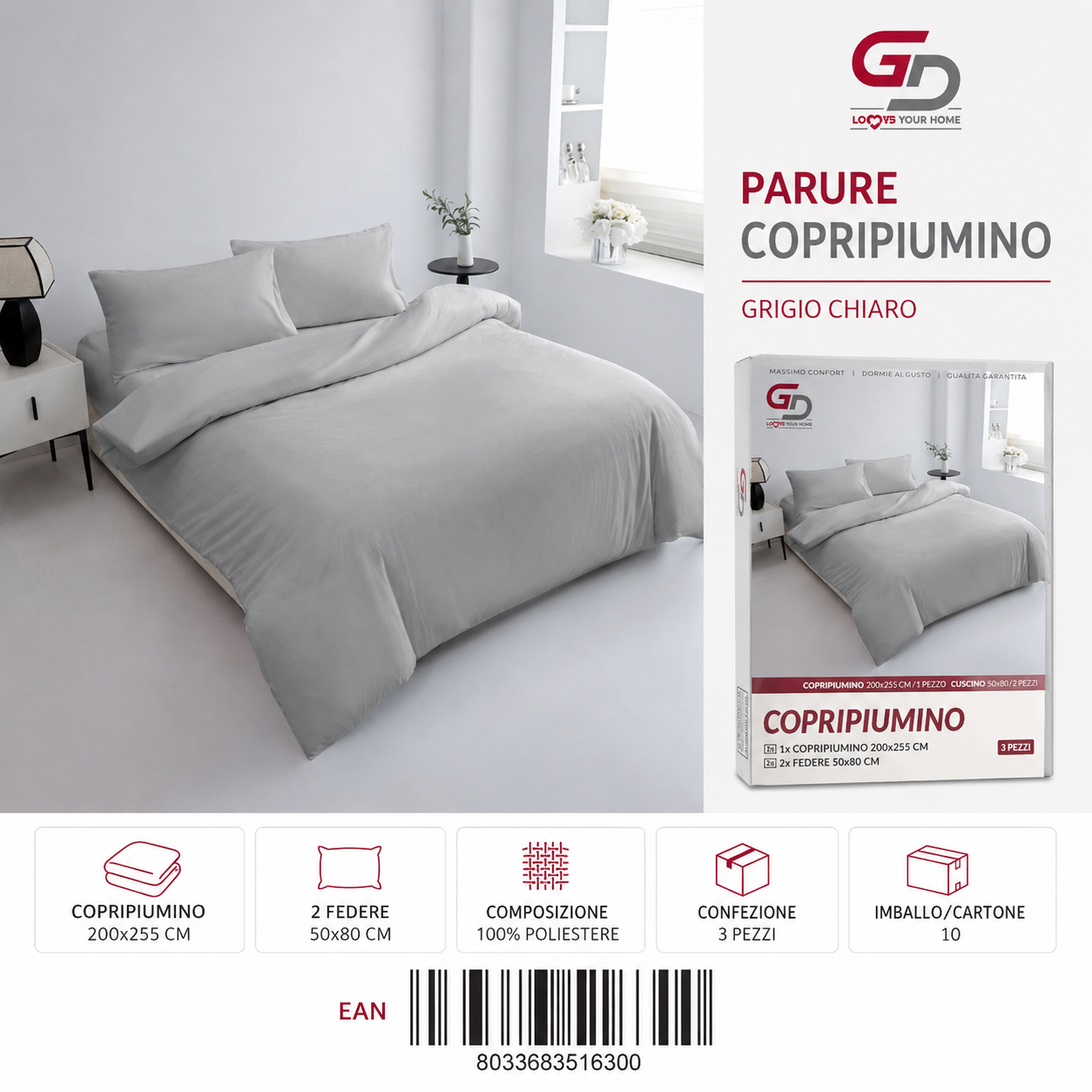 Parure Copripiumino Copripiumino+2 Federe Cuscino 200*255Cm 50*80+20Cm