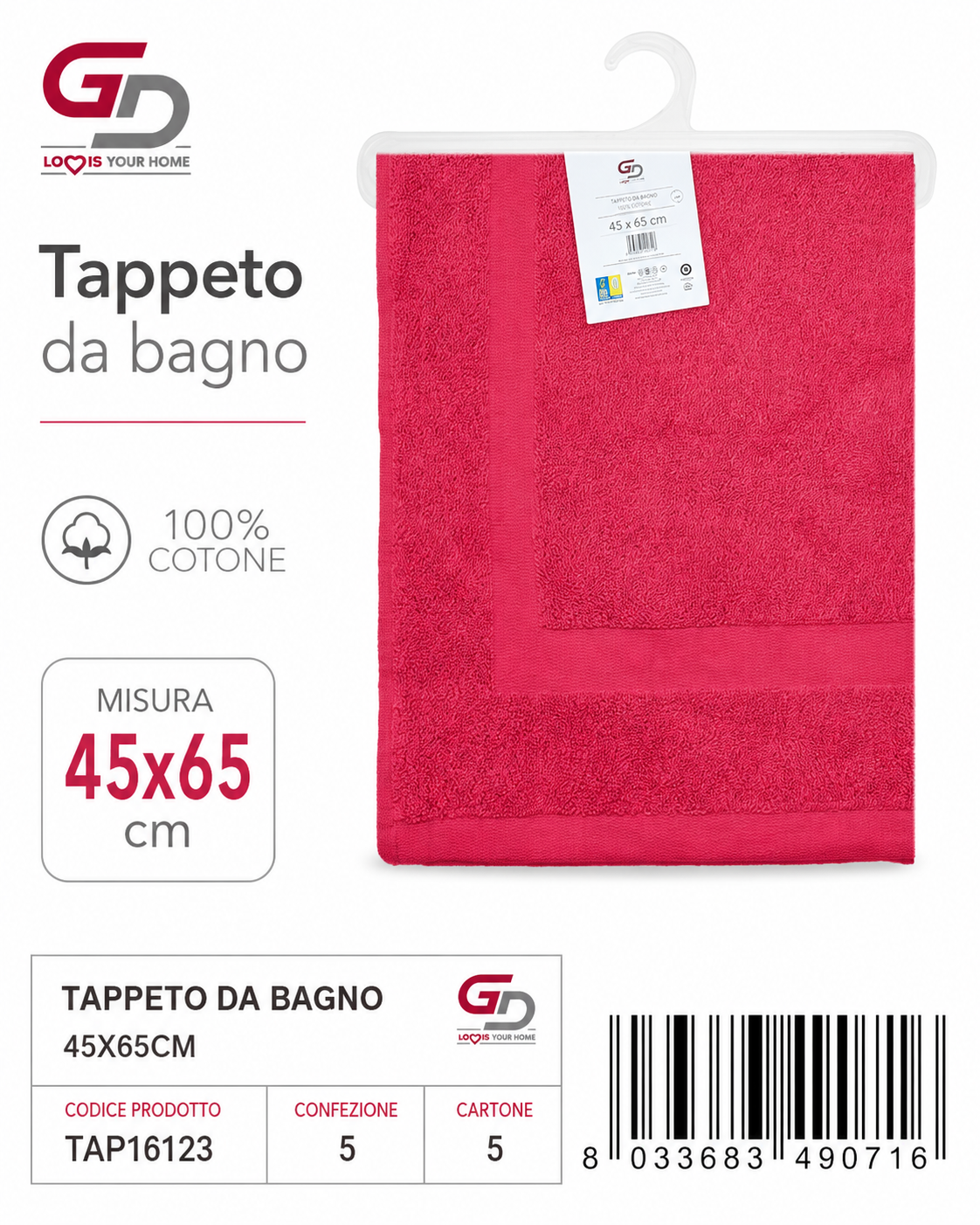 Tappeto Da Bagno Red 45 X 65 Cm 100%Cotone