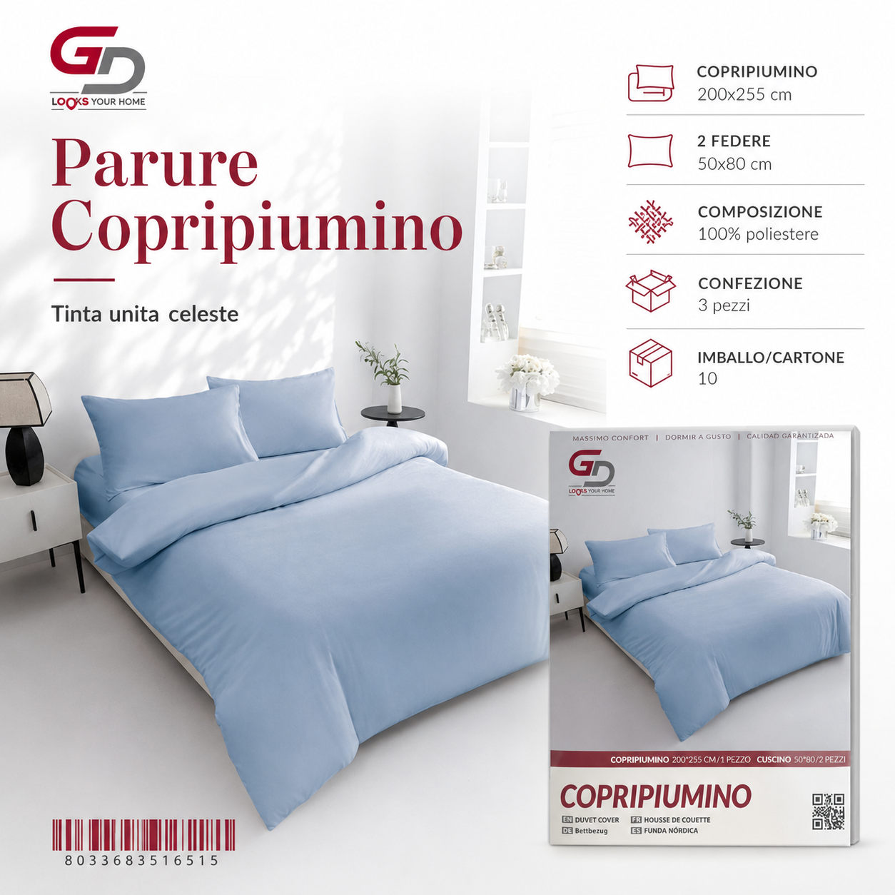 Parure Copripiumino Copripiumino+2 Federe Cuscino 200*255Cm 50*80+20Cm