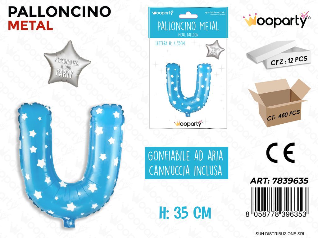 Palloncino Mylar Blu c/ Stelle Let. U 35CM
