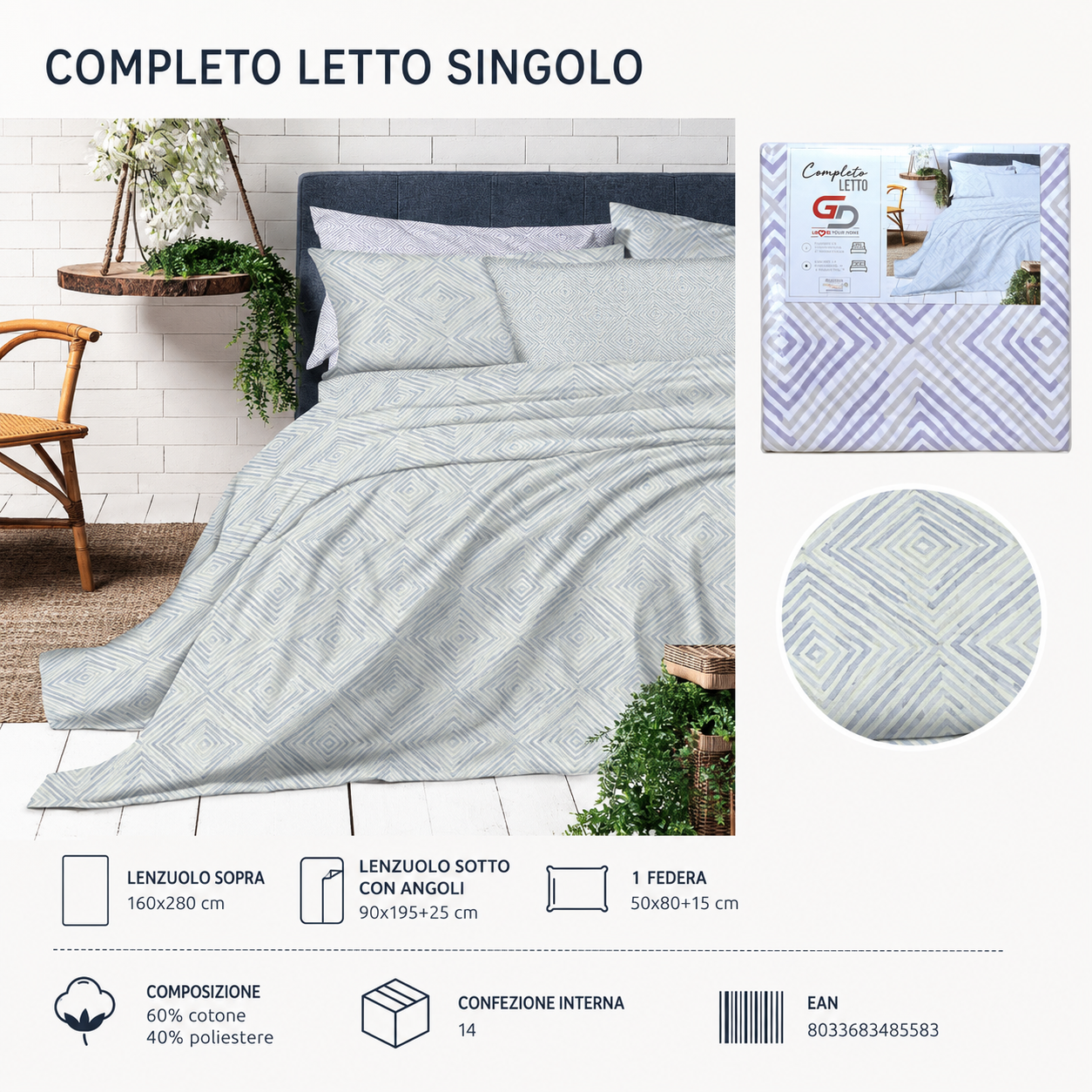 Completo Letto Singolo 160X280/90X195+25/1*50X805 Mz-135-Cw3-Ltm Sheetset 60 Cotone 40 Poliestere