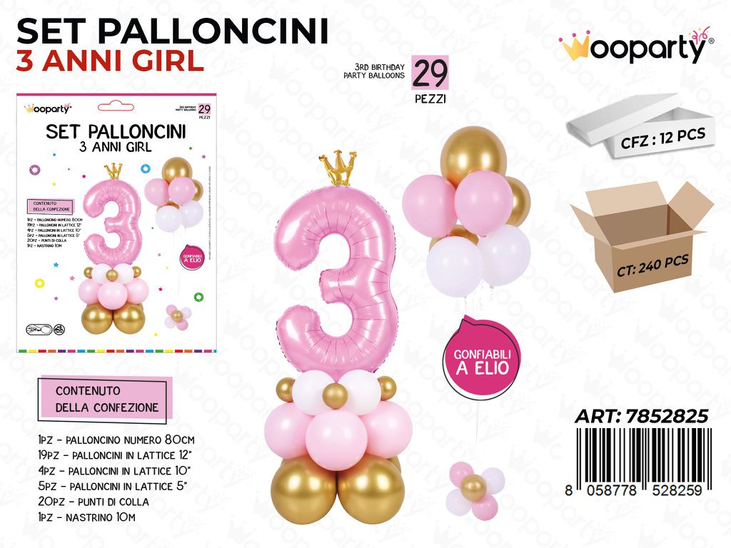 Set Palloncini Con Corona 80cm 3 Anni Girl 29PCS