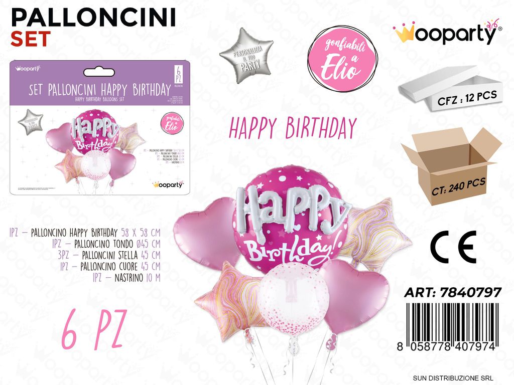 Set Palloncini Happy Birthday Rosa 6PCS Ass.