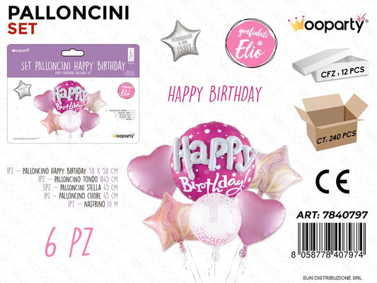 Set Palloncini Happy Birthday Rosa 6PCS Ass.