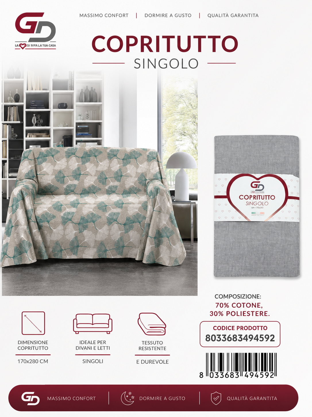 Copritutto 1P T.U. 170 X 280 Cm Grigio Chiaro Copritutto