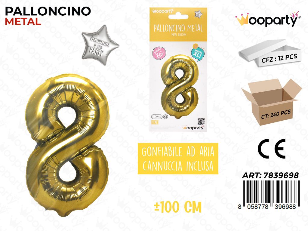 100CM Palloncino Mylar Oro Num. 8