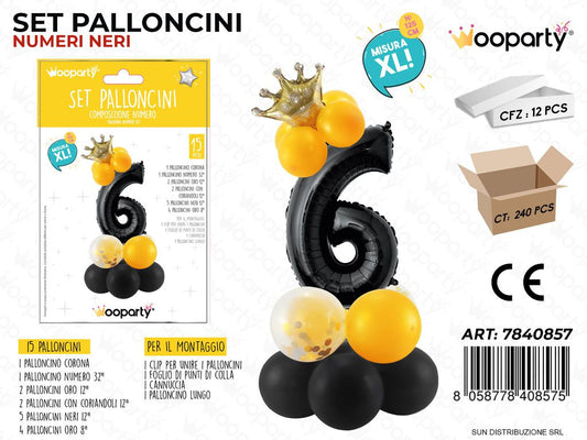 Set Palloncini N.6 NERO*ORO15PCS 125CM