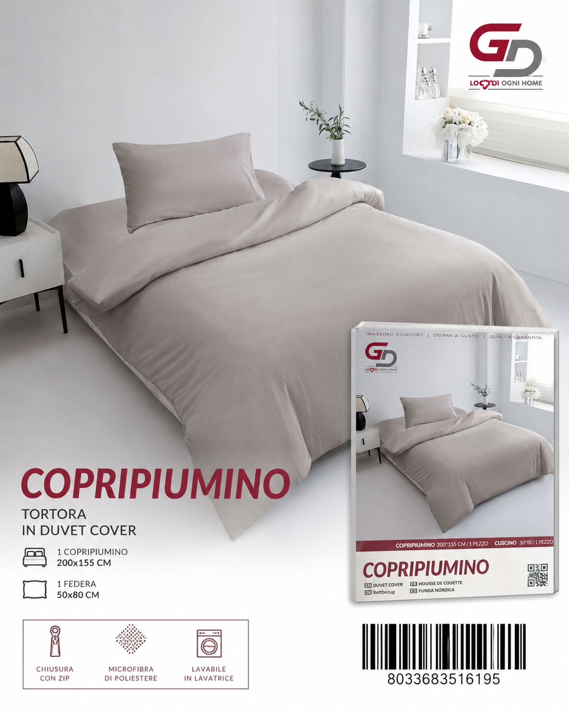 Parure Copripiumino Copripiumino+1 Federa Cuscino 200*155Cm 50*80+20Cm