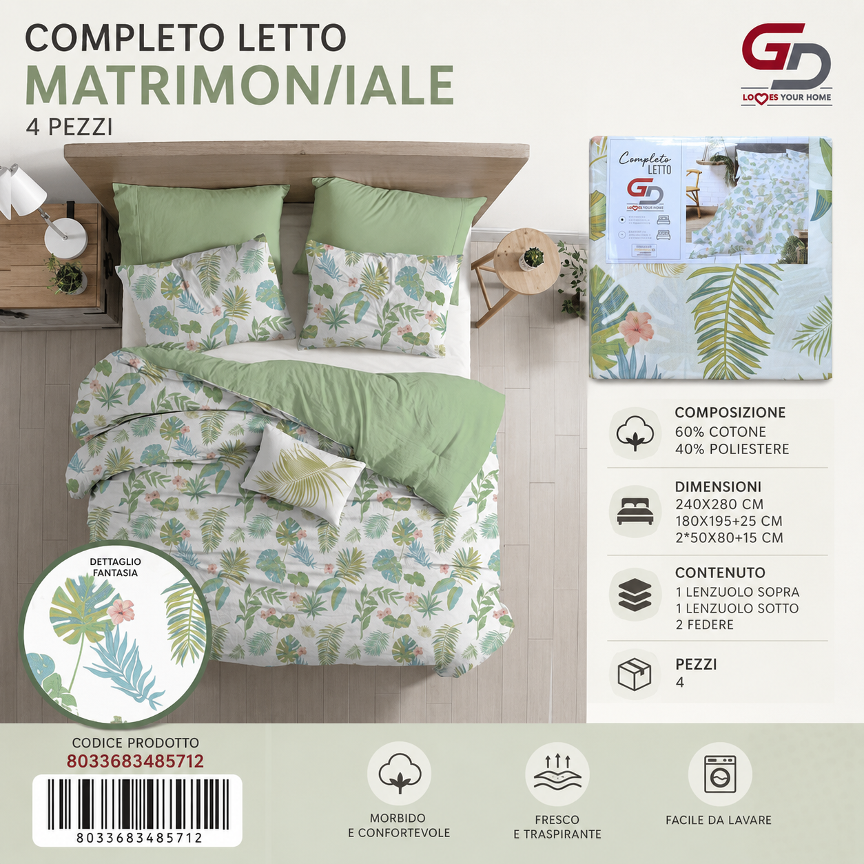 Completo Letto Matrimoniale 240X280/180X195+25/2X50X805 Mz-281-Ltm Sheetset 60 Cotone 40 Poliestere