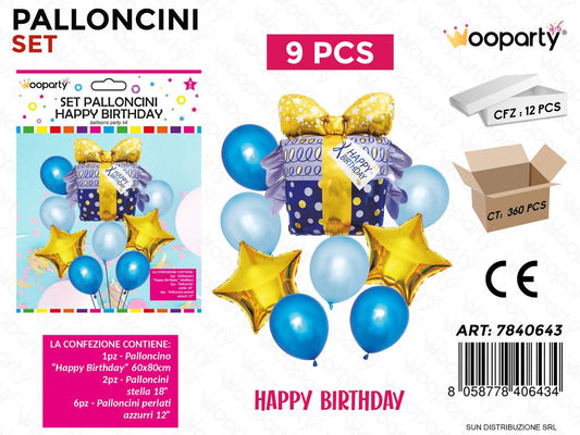 Set Palloncini H. Birthday Azzurro 9PCS Ass.