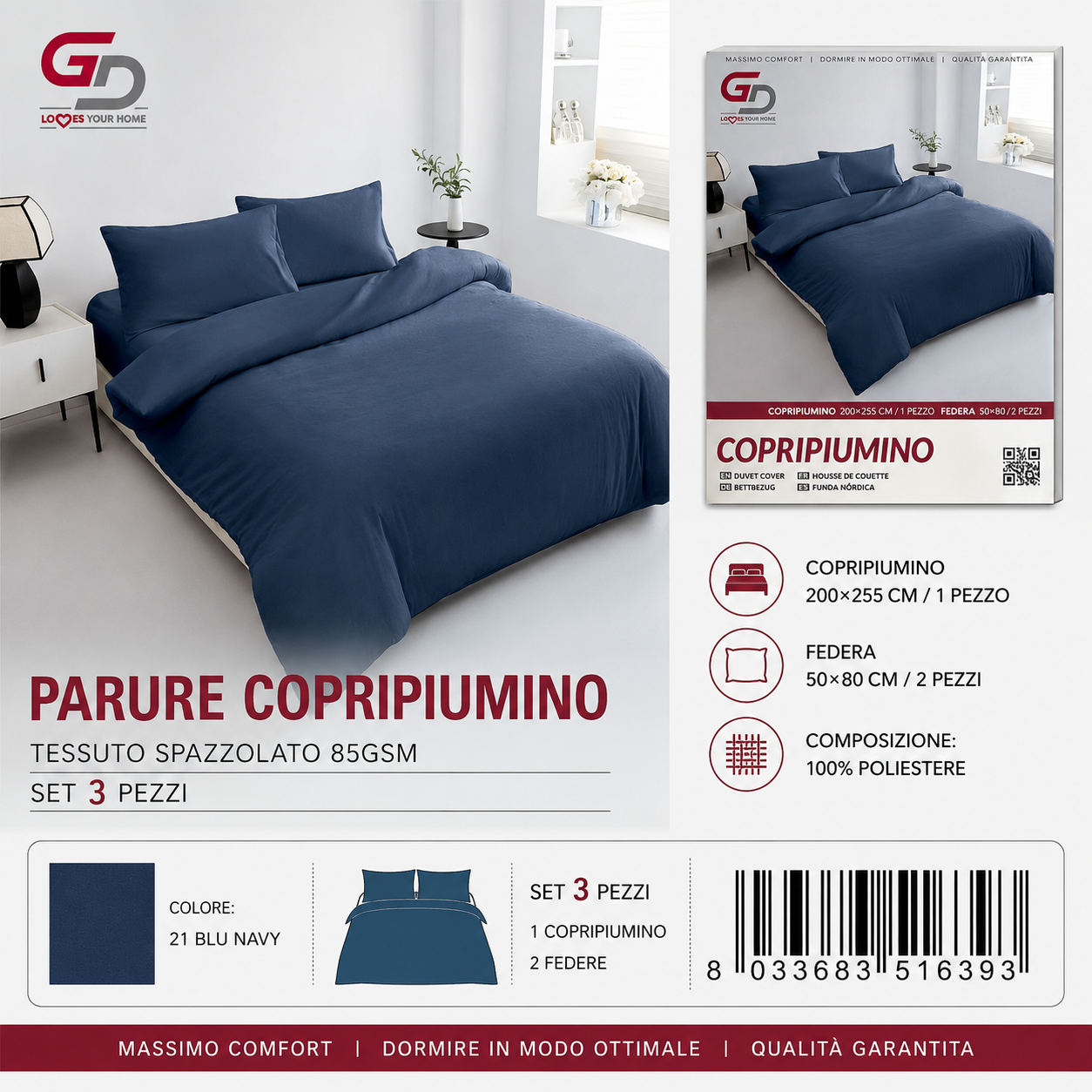 Parure Copripiumino Copripiumino+2 Federe Cuscino 200*255Cm 50*80+20Cm