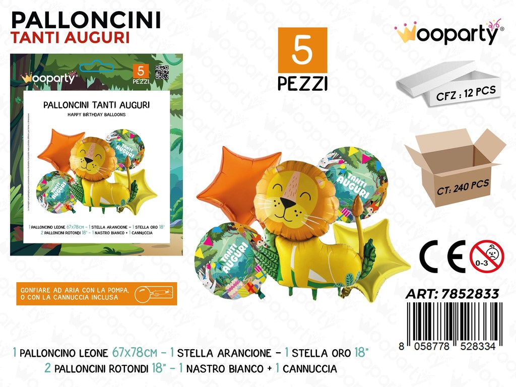 Wooparty Palloncini Tanti Auguri Leone 5PCS Ass.