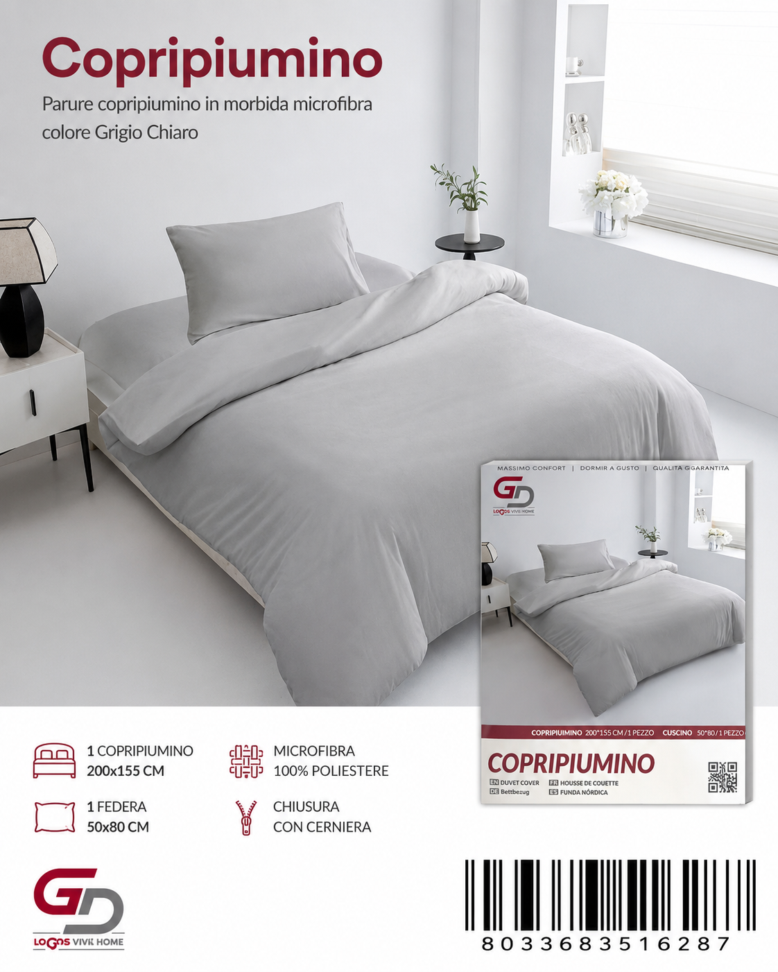 Parure Copripiumino Copripiumino+1 Federa Cuscino 200*155Cm 50*80+20Cm