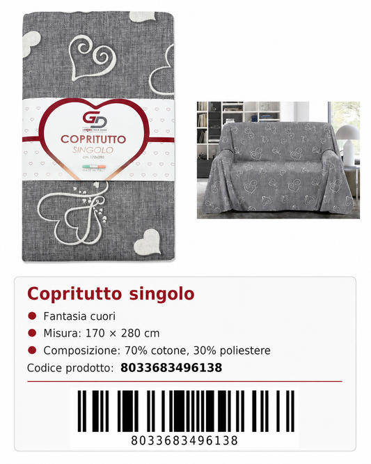 Copritutto 1P Stp Copritutto Heart Grey 170 X 280 Cm Un Colore Per Box