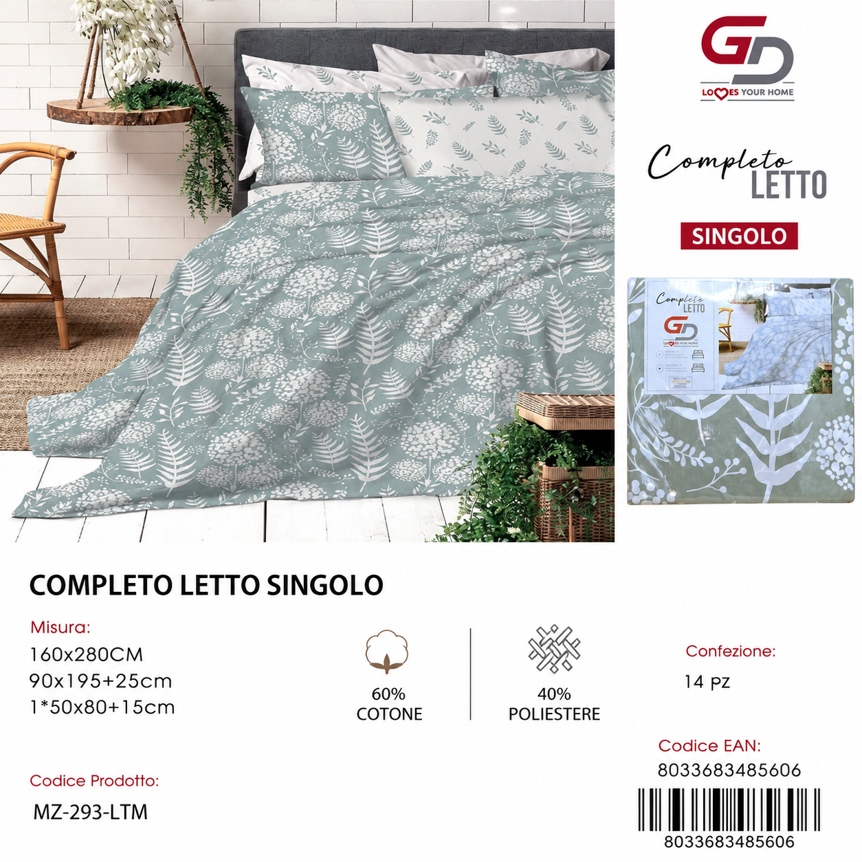 Completo Letto Singolo 160X280/90X195+25/1*50X805 Mz-293-Ltm Sheetset 60 Cotone 40 Poliestere