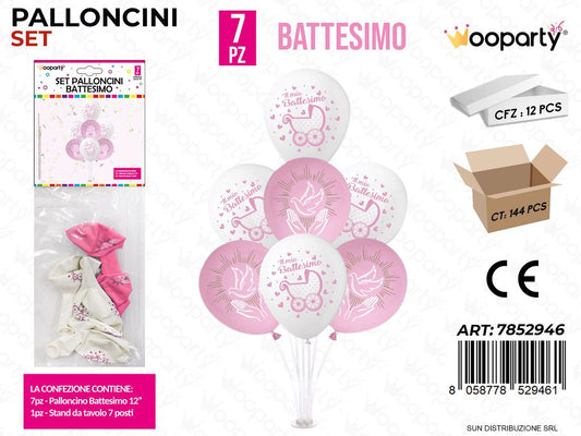 Set Palloncini c/ Stand Battesimo Rosa 7PCS Ass.