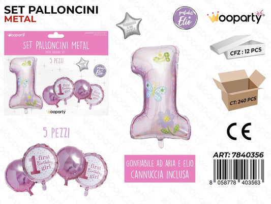 Set Palloncini Metal 1 Anno Girl 5 Pcs