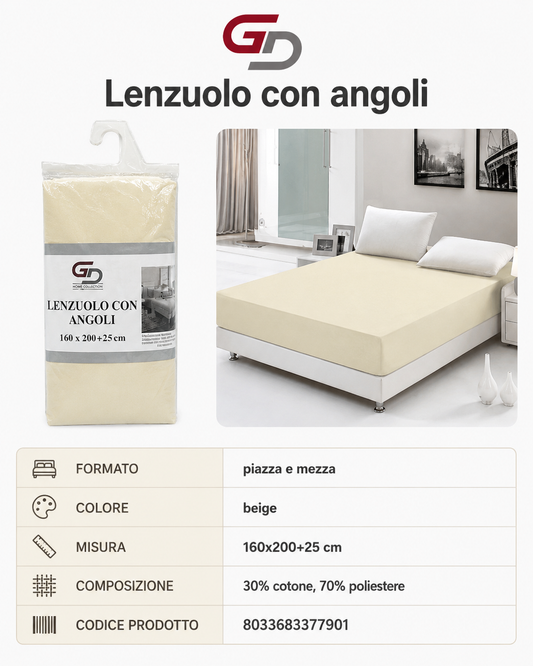 Lenzuolo Sotto Con Angoli 1 Piazza E Mezza 160*200Cm+25Cm