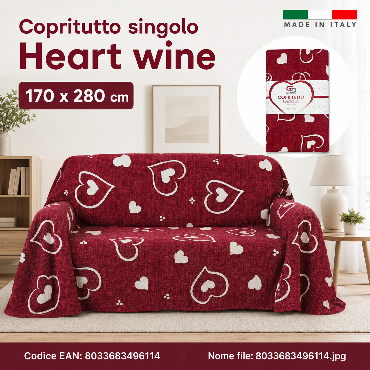 Copritutto 1P Stp Copritutto Heart Wine 170 X 280 Cm Un Colore Per Box