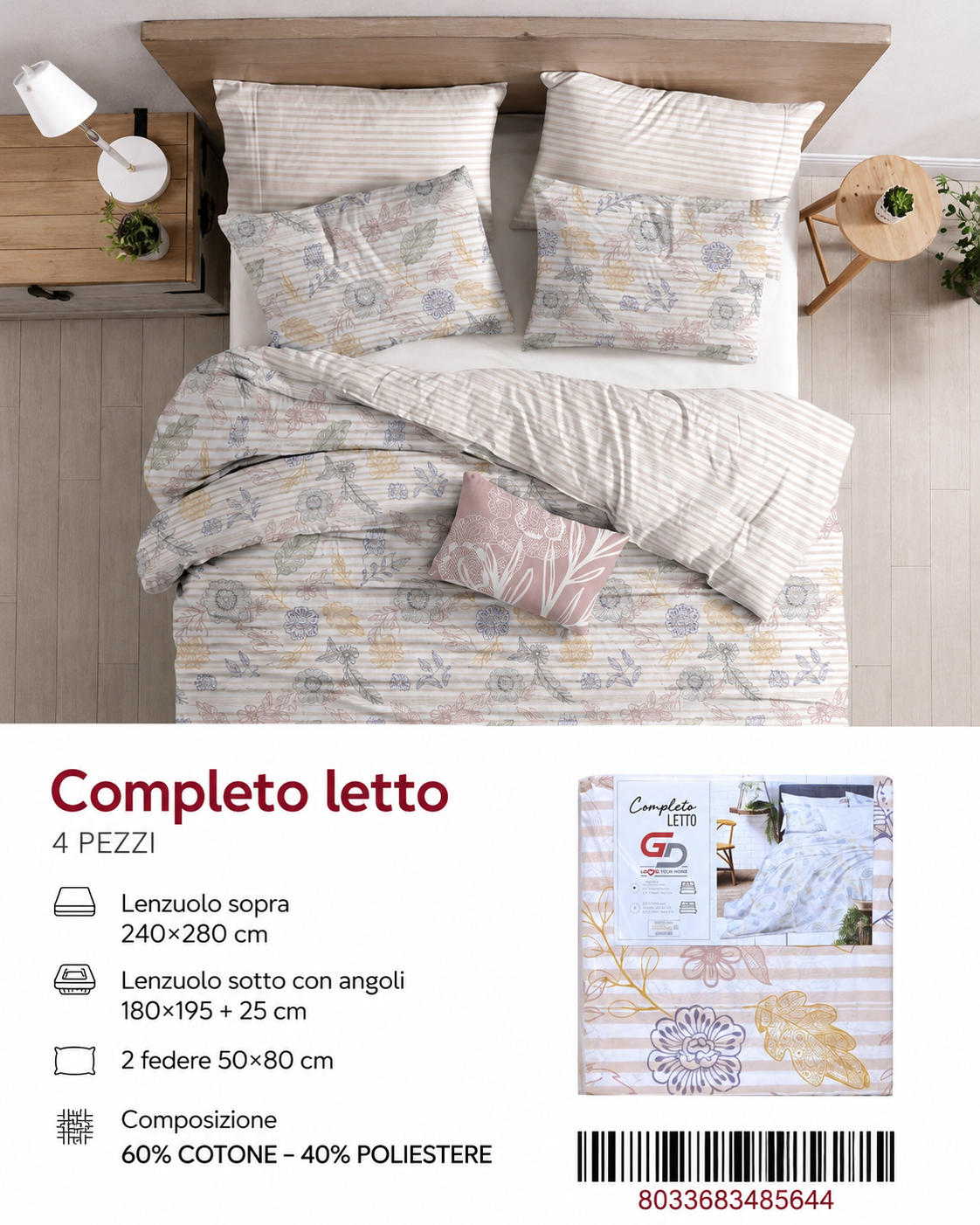 Completo Letto Matrimoniale 240X280/180X195+25/2X50X805 Mz-232-Ltm Sheetset 60 Cotone 40 Poliestere