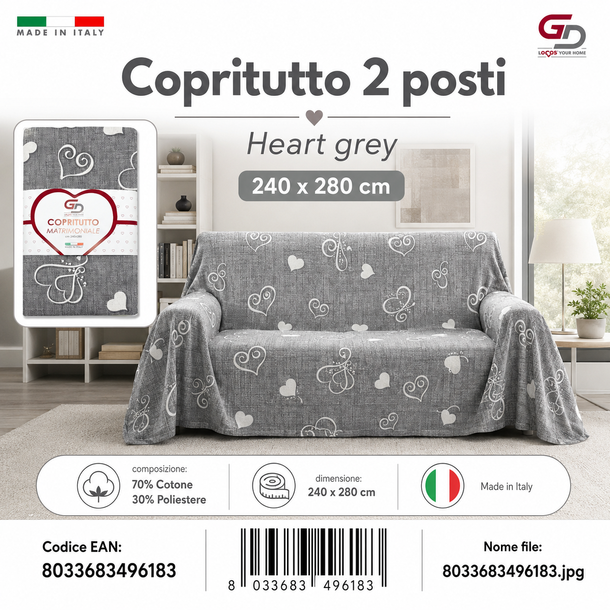 Copritutto 2P Stp Copritutto Heart Grey 240 X 280 Cm Un Colore Per Box