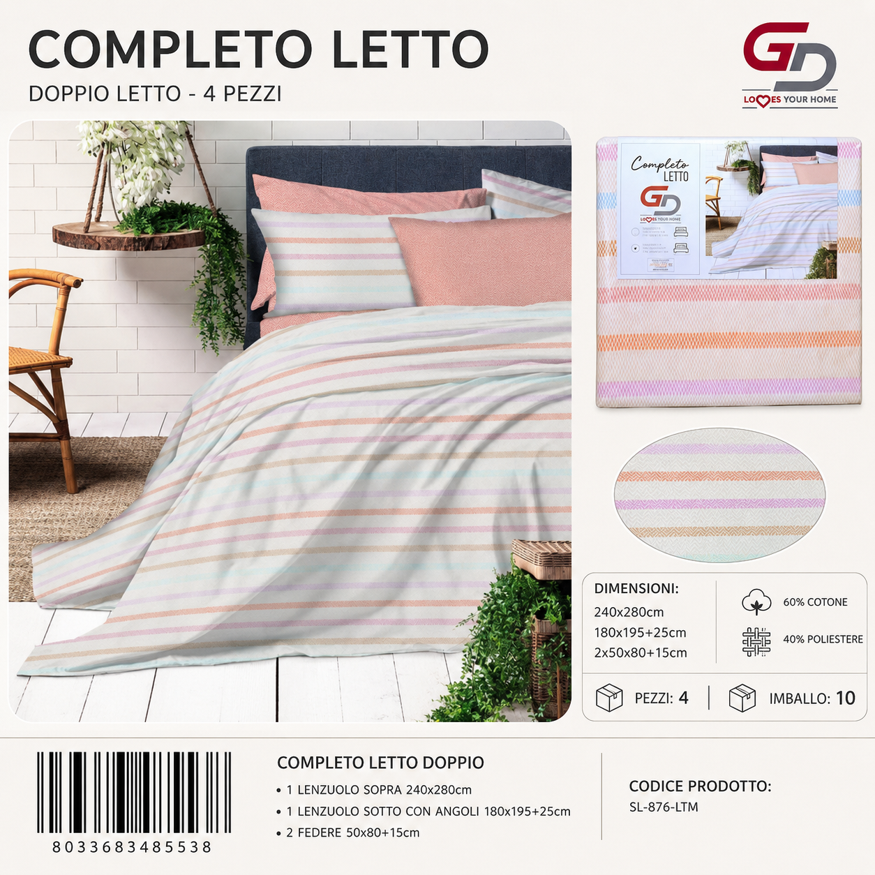 Completo Letto Matrimoniale 240X280/180X195+25/2X50X805 Sl-876-Ltm Sheetset 60 Cotone 40 Poliestere