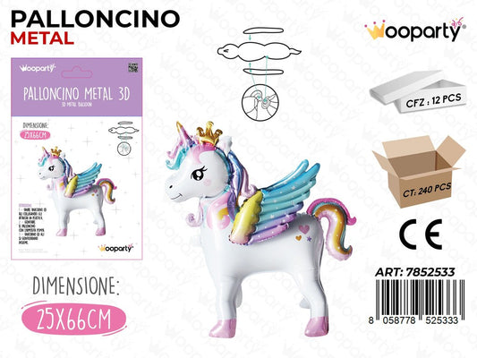 Wooparty Palloncino Metal Unicorno 3D 25*66CM