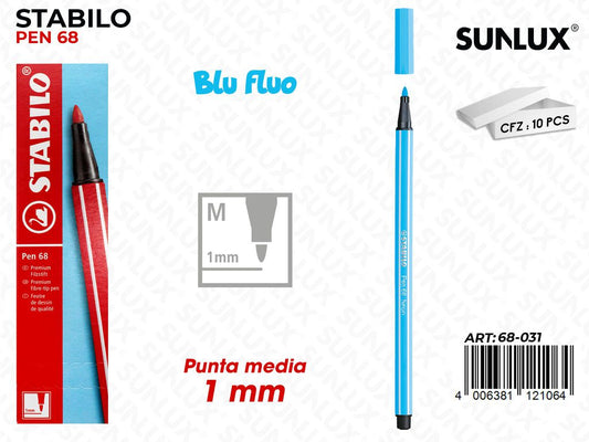 Stabilo Pen 68 Punta M Blu Fluo